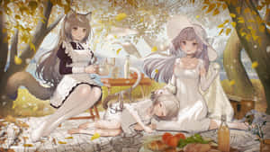 三個有貓耳和貓尾的動漫女孩在秋樹下野餐。