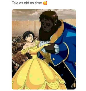 一位身穿黃色禮服的女士與一隻穿著藍色外套的野獸在城堡附近跳舞。 — 動漫惡魔 壁紙