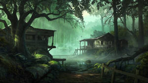 兩間質樸的小屋坐落在霧氣瀰漫的沼澤中，周圍環繞著巨大的樹木和發光的水。