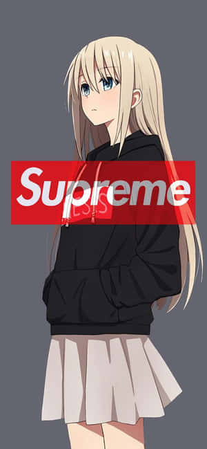 穿著黑色連帽衫和白色裙子，帶有紅色Supreme標誌的動漫女孩。