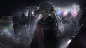 動漫女孩在雨中面對手持發光武器的士兵，身處黑暗城市。