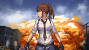穿制服的動漫女孩站在城市廢墟中的火焰爆炸前。