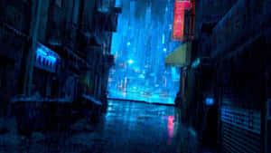 通往未來城市中發光摩天大樓的雨夜霓虹小巷。 — 雨 壁紙