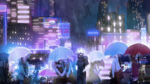 動漫角色撐傘在雨夜的霓虹城市中行走。 — 雨 壁紙