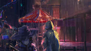 穿著連帽雨衣的人們在夜晚的潮濕霓虹小巷中行走。 — 雨 壁紙