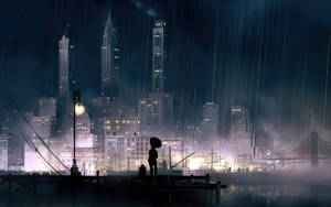 夜晚在雨中的城市碼頭上，一個人撐著雨傘的剪影。 — 夜晚 GIF 壁紙