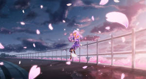 動漫少女在暮色中於櫻花飄落的橋上跳躍。 — 粉紅動漫美學 壁紙