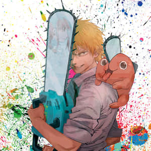 動漫男孩手持鏈鋸，鋸片上有女孩的臉，肩膀上有一隻粉紅色生物，背景是油漆飛濺。 — 靚靚動畫 壁紙