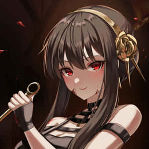 紅眼玫瑰頭帶的動漫女孩，嘴唇帶血握著鑰匙。 — 動漫女孩 壁紙