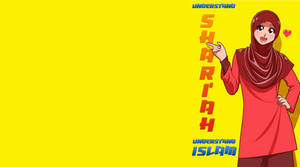 動漫女孩戴紅色頭巾，在黃色背景上指向「Shariah」文字。