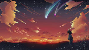 一個人觀看兩顆色彩繽紛的彗星飛過繁星點點的暮色天空。 — 靚靚動畫 壁紙
