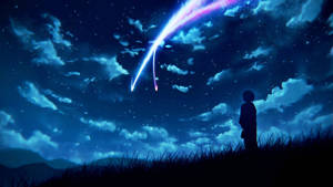 孩子站在草地上，觀看星空夜空中一顆色彩繽紛的彗星。 — 動漫風格動圖 壁紙