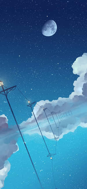 夜空有月亮星星雲朵和街燈 — 月色夜空 壁紙