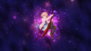 戴眼鏡的動漫女孩漂浮在紫色星空空間中，手持紅色劍。 — 可愛動漫女仔 壁紙