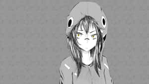 動漫女孩穿著鯊魚連帽衫，黃色眼睛，背景是灰色圖案牆。 — 灰色 GIF 壁紙