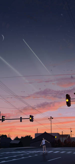 女孩在暮色中過馬路，天空有月亮和流星 — 可愛動漫女仔 壁紙