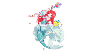 動漫美人魚，紅髮藍尾，手持魔法杖，伴有一條黃魚。