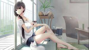 動漫女孩與貓咪在陽光充足的窗邊室內放鬆，手持咖啡杯。