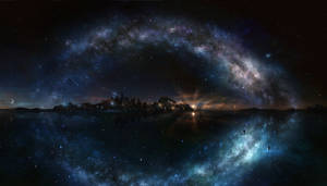 剪影山脈在星空下倒映，發光的銀河拱在頭頂。