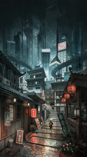 夜晚，一個人在有傳統燈籠和高聳霓虹建築的雨巷中行走。