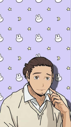 留鬍鬚的動漫男子在紫色背景上觸摸衣領，背景有兔子、星星和月亮 — 排球 壁紙