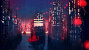 未來城市運河的夜晚，發光的紅色燈籠和摩天大樓之間的雨水。 — 雨天 壁紙