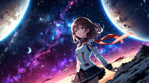 動漫女孩穿著太空衣站在有兩個月亮和彩色星雲的外星行星上 — 太空 壁紙