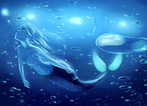 一條美人魚在藍色海水中優雅地游泳，伴隨著氣泡和光線。