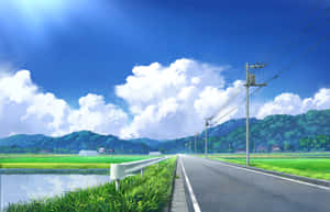 一條筆直的道路在明亮的藍天白雲下穿過茂密的綠色稻田。