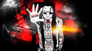 Lil Wayne 帶有紋身和太陽眼鏡，對著火紅和橙色背景，帶有專輯文字。