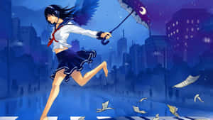 穿著校服的女孩在雨夜城市中奔跑，帶著月亮雨傘和飛舞的紙張。 — 女孩 壁紙