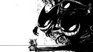 細小chibi角色對抗一個帶有發光眼睛的巨型陰影怪物。 — 黑白 壁紙