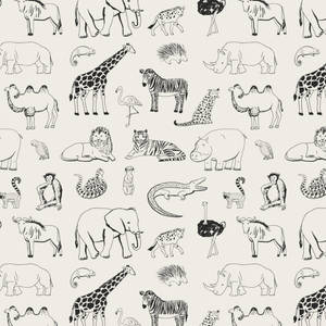 米色背景上的黑白動物插圖圖案。