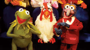三個 Muppet 角色微笑並在梳化上擺姿勢。