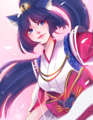 穿著傳統服飾的狐狸耳朵動漫女孩微笑著閃閃發光