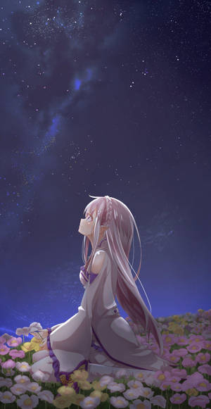 粉紅色頭髮的動漫女孩坐在星空下的花田裡。 — 動畫手機GIF 壁紙