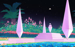 星空下發光花園中的粉紅色幾何紀念碑。 — 卡通網絡角色 壁紙