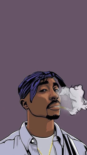 Tupac Shakur在紫色背景上吸煙，帶有煙霧雲。