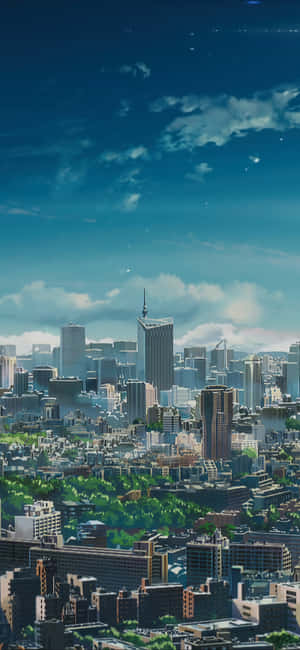 動漫城市天際線，高樓大廈和綠色公園，在晴朗的藍天下。 — OnePlus N6 Lite 壁紙