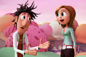 兩個卡通角色在一個糖果主題的世界中，有巨大的冰淇淋球。