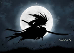 武士剪影持劍跳躍，映襯滿月與星辰。