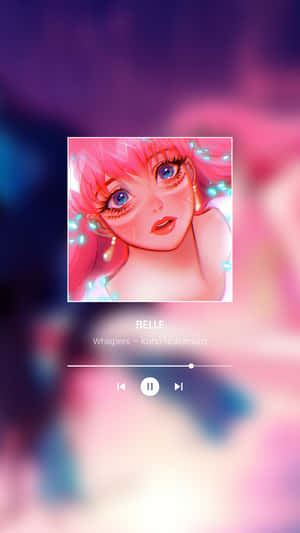 動漫女孩肖像，粉紅色頭髮和發光的眼睛，在音樂播放器屏幕上。