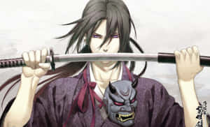 動漫風格的紫色眼睛武士，手持武士刀，戴著惡魔面具。