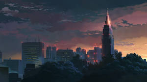黃昏時分的動畫城市天際線，閃爍的塔樓，紫色和橙色的天空。 — 東京 壁紙