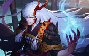 白髮和火焰角的動畫惡魔武士引導藍色魔法能量。