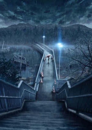 一個人撐著雨傘在夜晚的雨橋上行走，在街燈下。