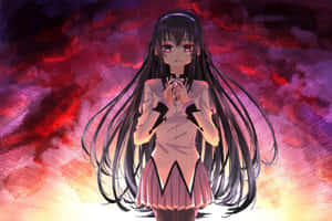 長黑髮和發光眼睛的動漫女孩，背景是火紅的天空。 — 魔法少女小圓 壁紙
