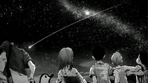 孩子們和一隻企鵝在夜晚觀看流星雨。 — 靚靚動畫 壁紙