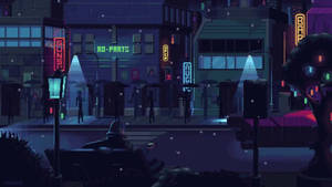 像素化的城市夜景，有發光的霓虹燈和長椅上孤獨的身影。 — 像素 壁紙
