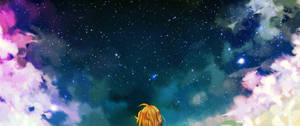 金髮動漫角色仰望帶有星雲的多彩星空。
